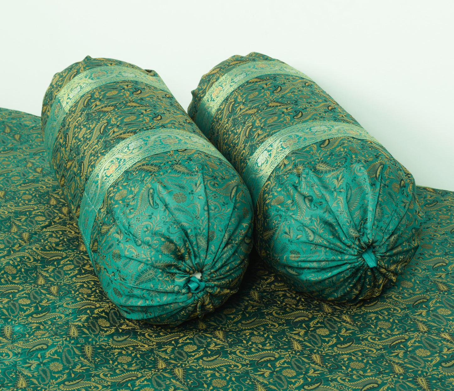 Teal Green Banarasi Diwan Set– Silk Zari Brocade Indian Cushions & Bolster Cover