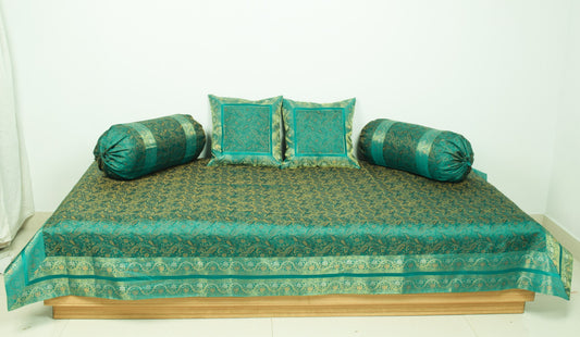 Teal Green Banarasi Diwan Set– Silk Zari Brocade Indian Cushions & Bolster Cover