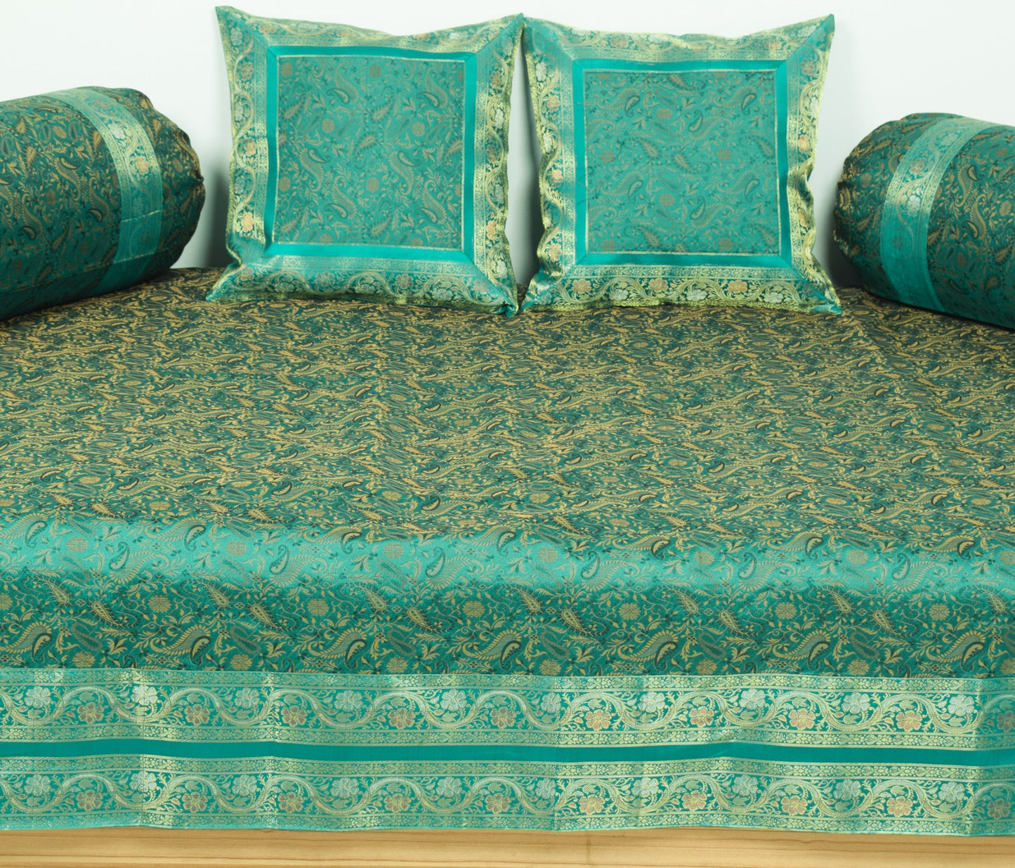 Teal Green Banarasi Diwan Set– Silk Zari Brocade Indian Cushions & Bolster Cover
