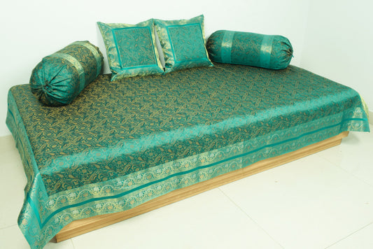 Teal Green Banarasi Diwan Set– Silk Zari Brocade Indian Cushions & Bolster Cover