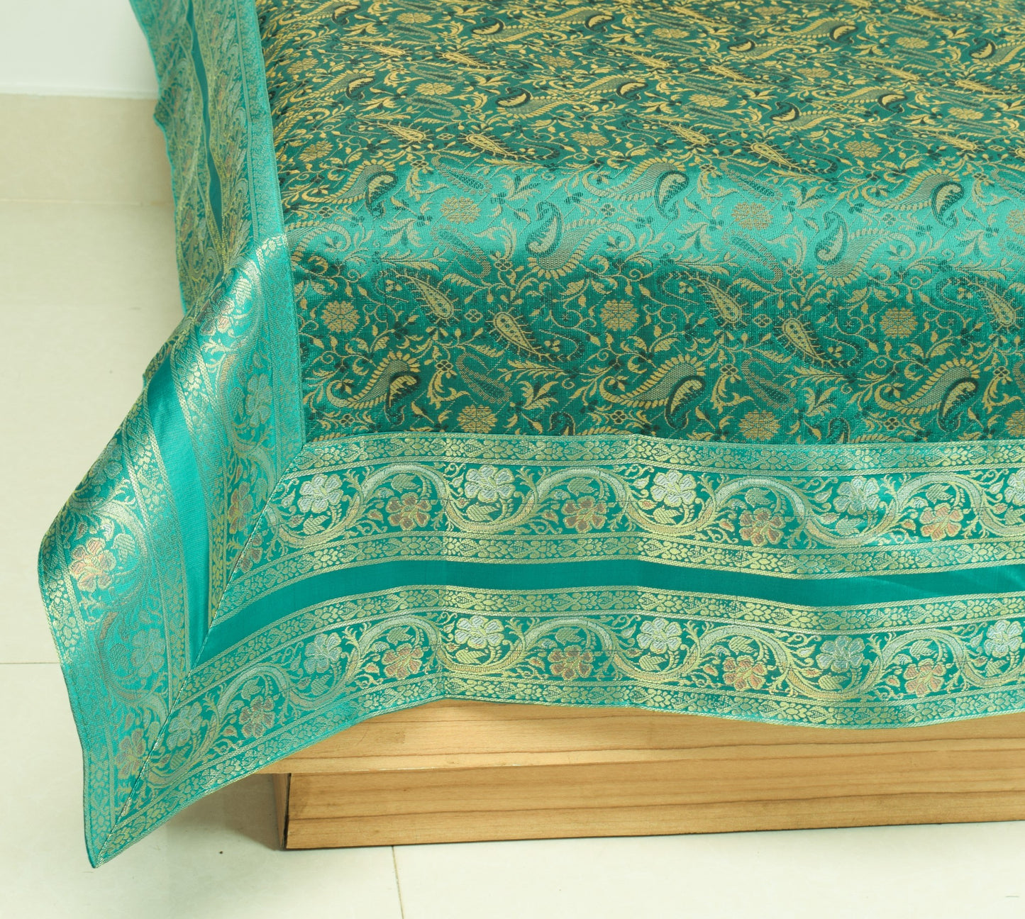 Teal Green Banarasi Diwan Set– Silk Zari Brocade Indian Cushions & Bolster Cover