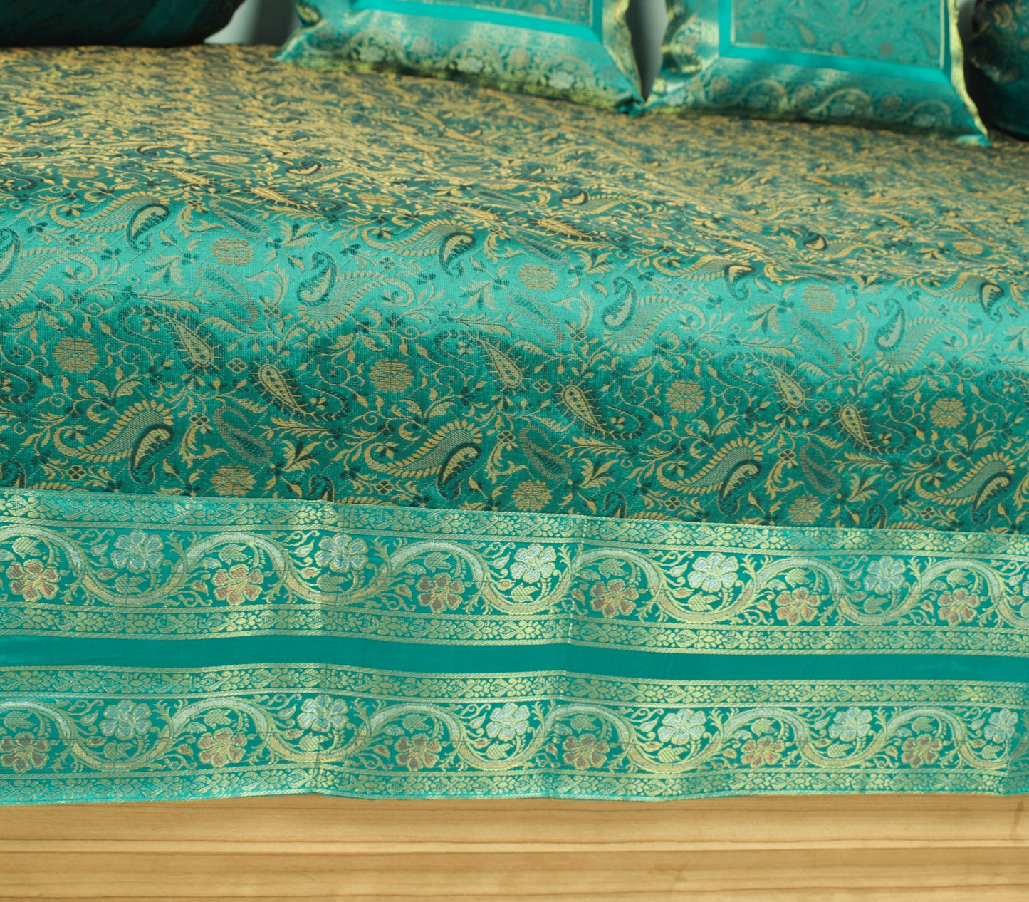 Teal Green Banarasi Diwan Set– Silk Zari Brocade Indian Cushions & Bolster Cover