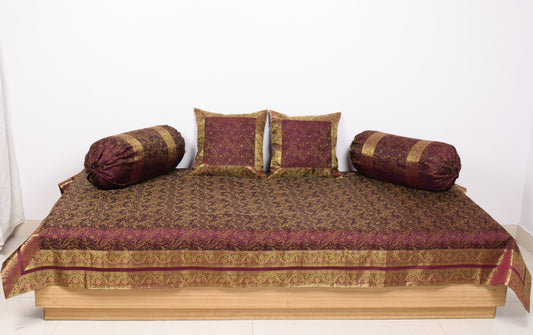 Wine Grace Diwan Set– Banarasi Silk Zari Brocade Indian Cushions & Bolster Cover