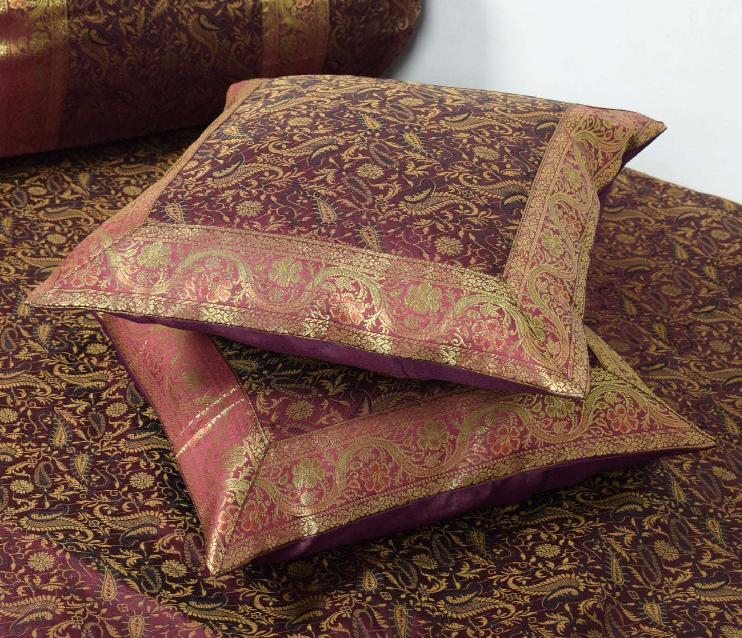 Wine Grace Diwan Set– Banarasi Silk Zari Brocade Indian Cushions & Bolster Cover