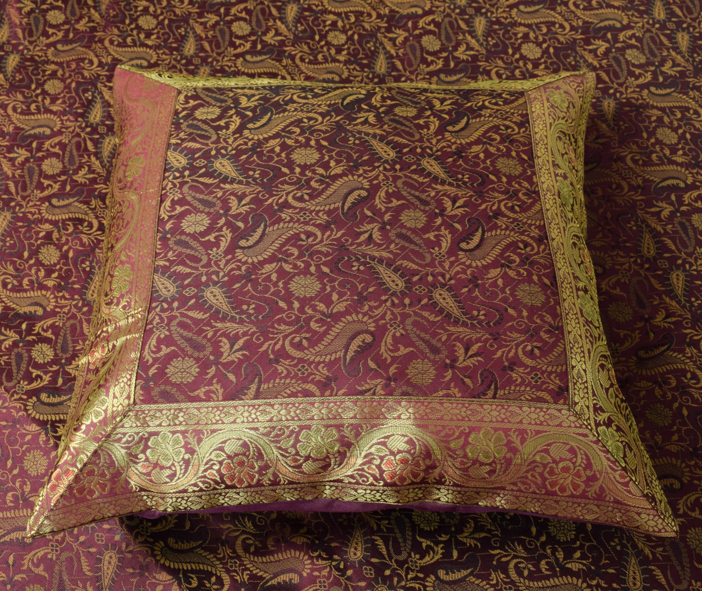 Wine Grace Diwan Set– Banarasi Silk Zari Brocade Indian Cushions & Bolster Cover