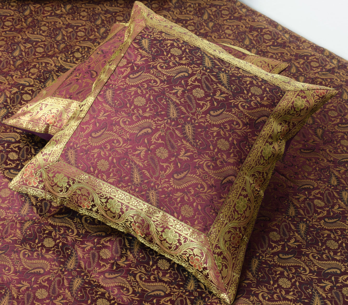 Wine Grace Diwan Set– Banarasi Silk Zari Brocade Indian Cushions & Bolster Cover