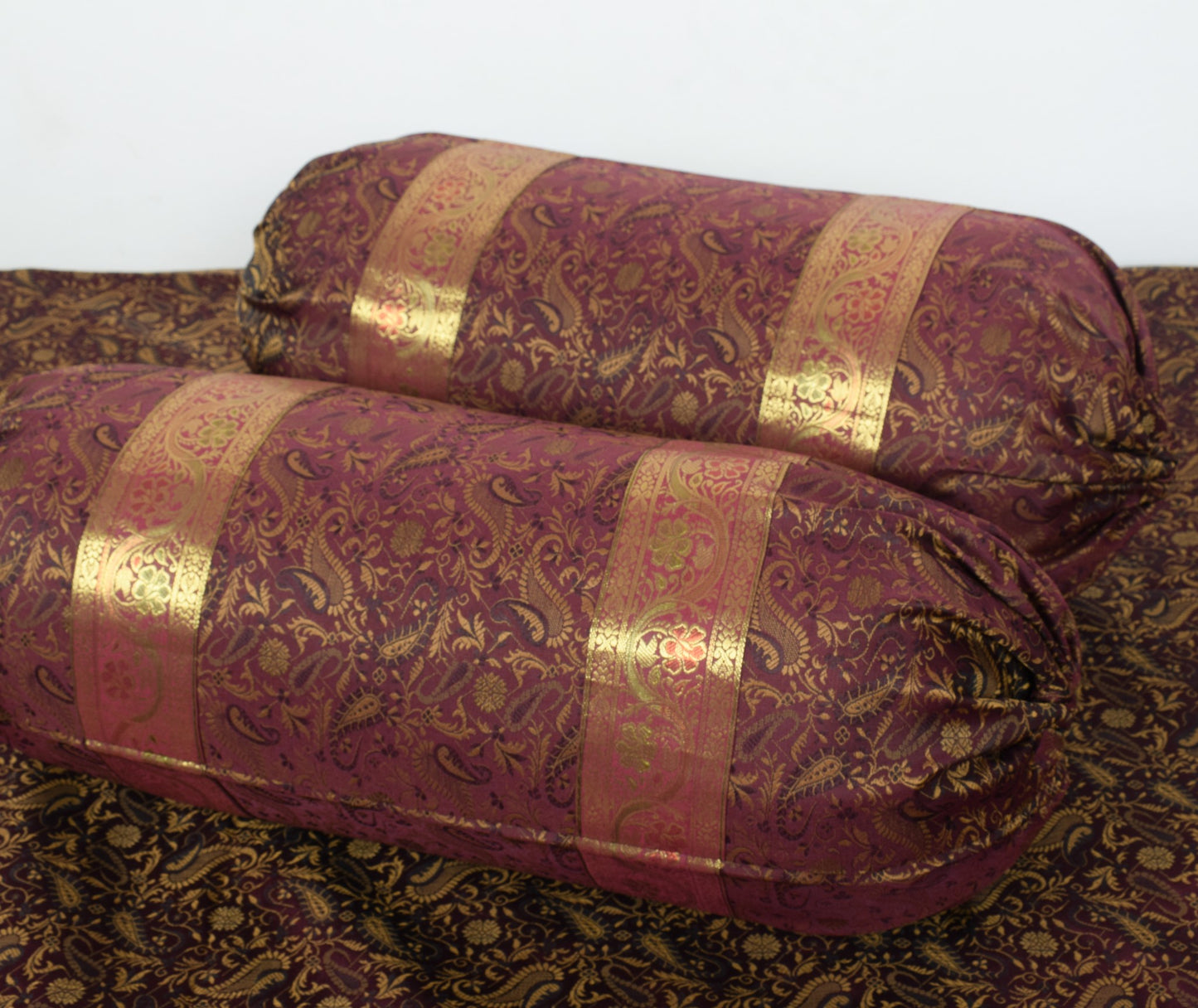 Wine Grace Diwan Set– Banarasi Silk Zari Brocade Indian Cushions & Bolster Cover