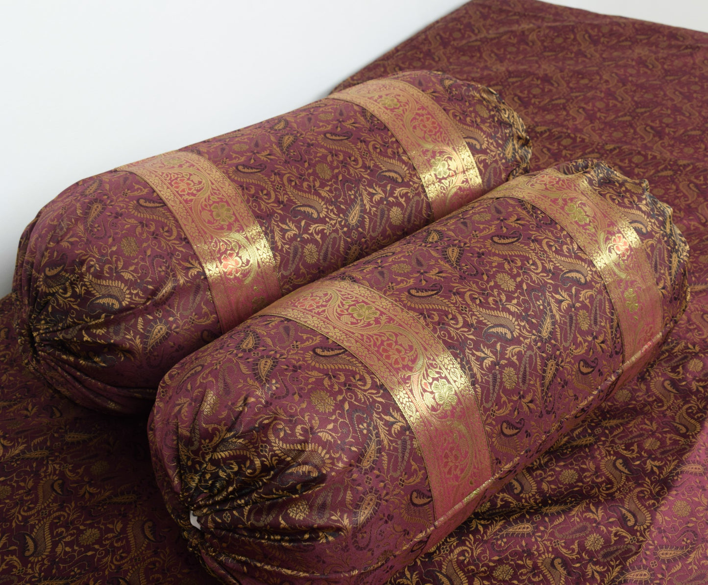 Wine Grace Diwan Set– Banarasi Silk Zari Brocade Indian Cushions & Bolster Cover