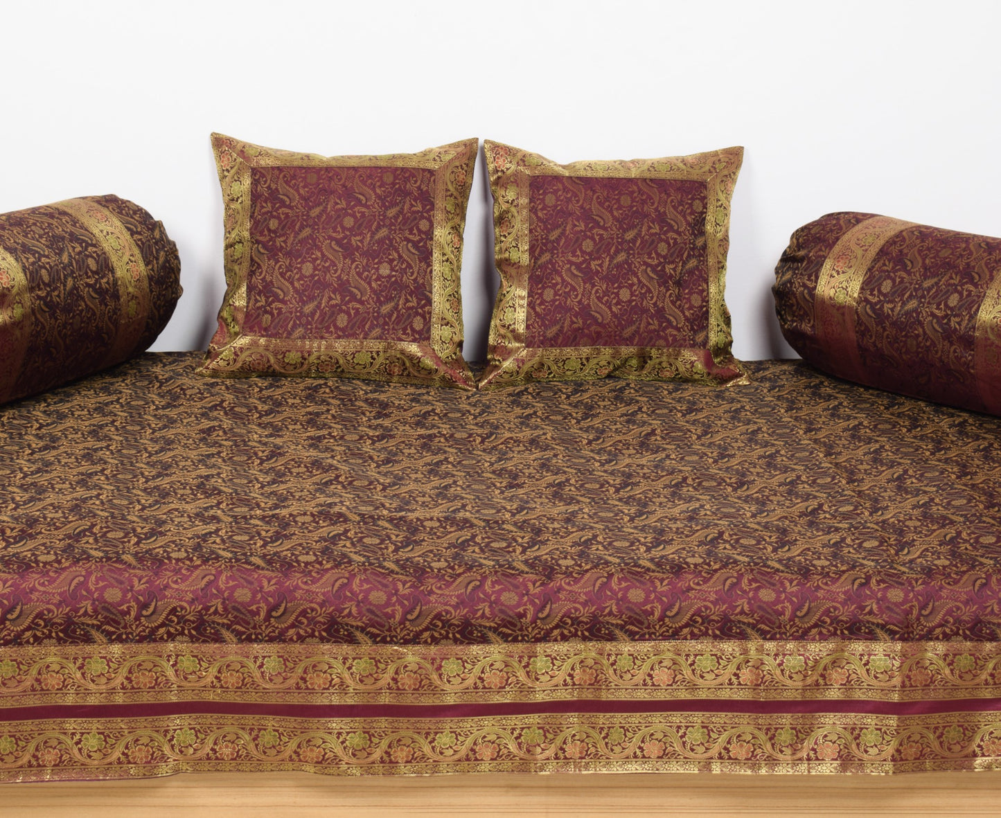 Wine Grace Diwan Set– Banarasi Silk Zari Brocade Indian Cushions & Bolster Cover