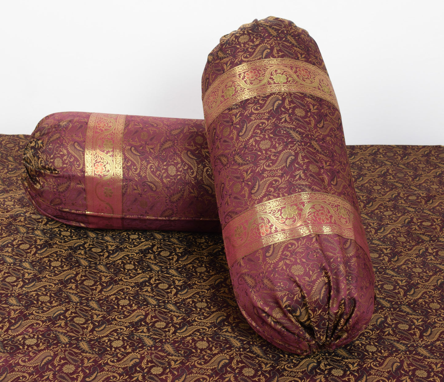 Wine Grace Diwan Set– Banarasi Silk Zari Brocade Indian Cushions & Bolster Cover
