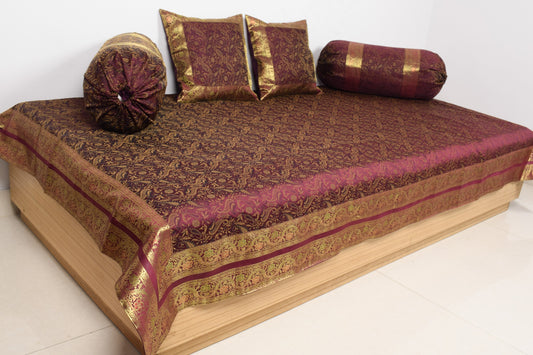 Wine Grace Diwan Set– Banarasi Silk Zari Brocade Indian Cushions & Bolster Cover