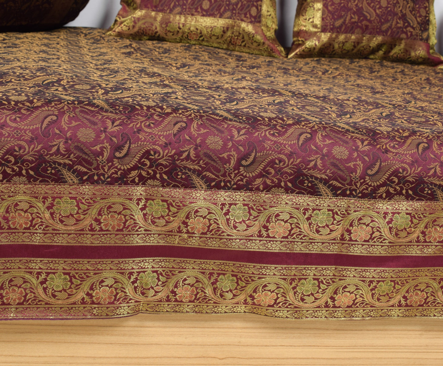 Wine Grace Diwan Set– Banarasi Silk Zari Brocade Indian Cushions & Bolster Cover