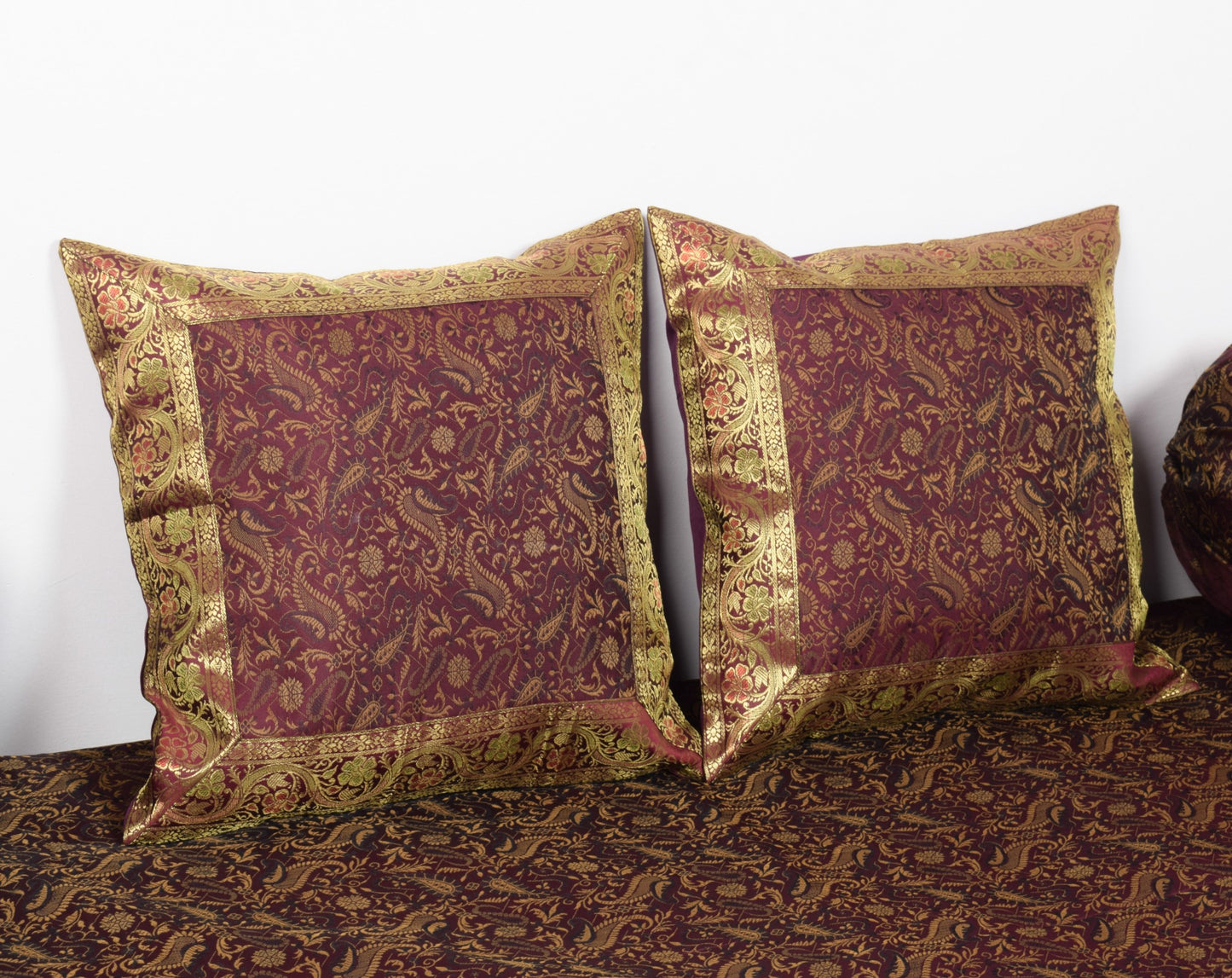 Wine Grace Diwan Set– Banarasi Silk Zari Brocade Indian Cushions & Bolster Cover