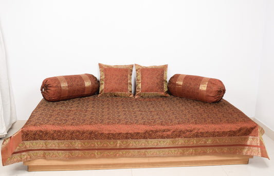 Brown Grace Diwan Set Banarasi Silk Zari Brocade Indian Cushions & Bolster Cover