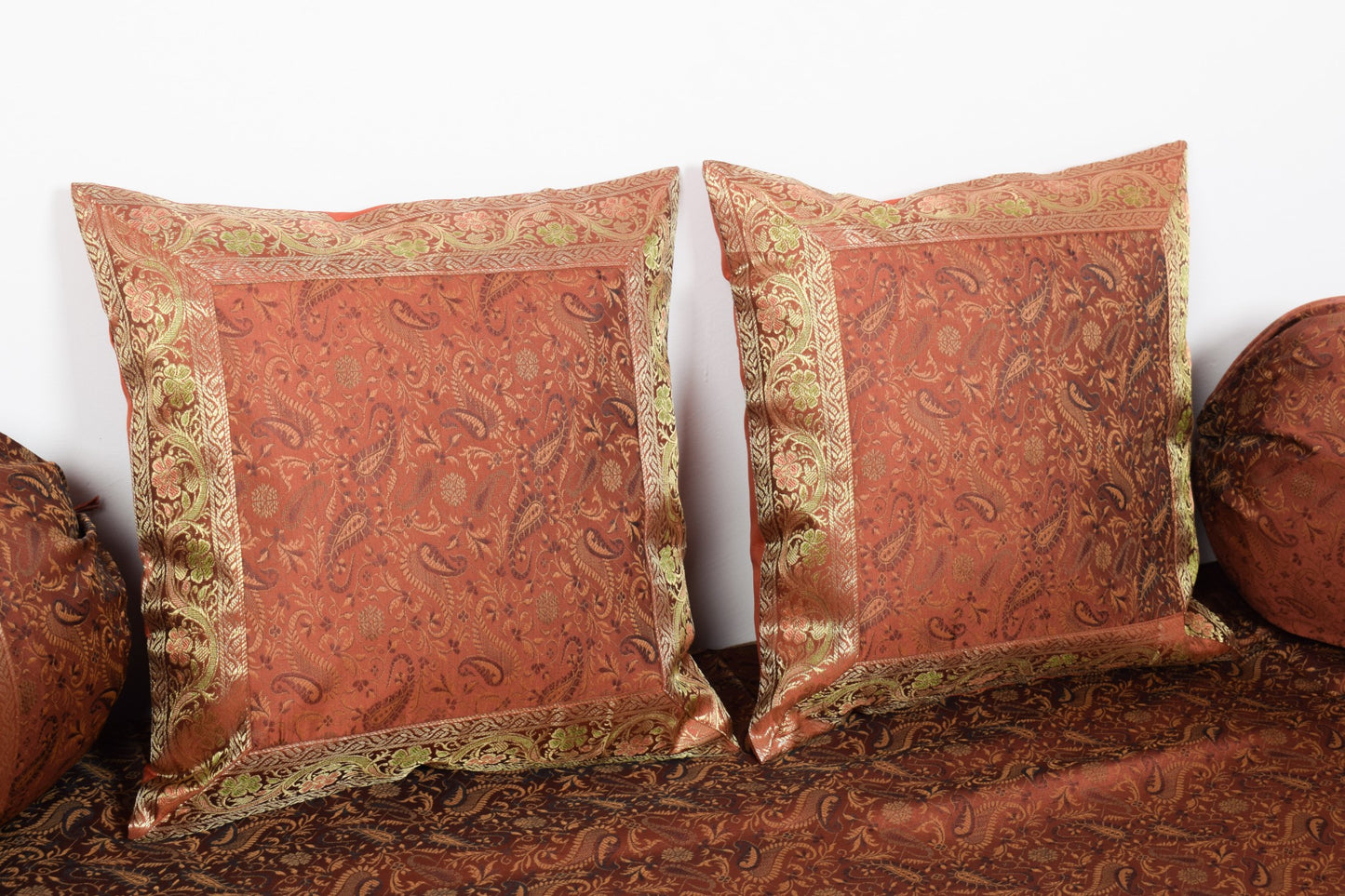 Brown Grace Diwan Set Banarasi Silk Zari Brocade Indian Cushions & Bolster Cover