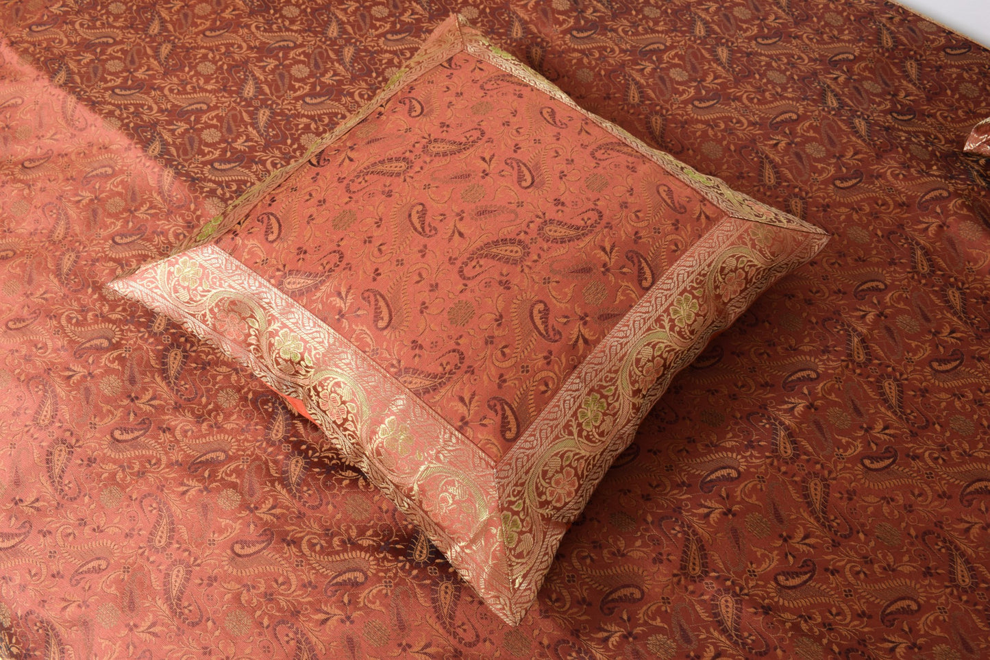 Brown Grace Diwan Set Banarasi Silk Zari Brocade Indian Cushions & Bolster Cover