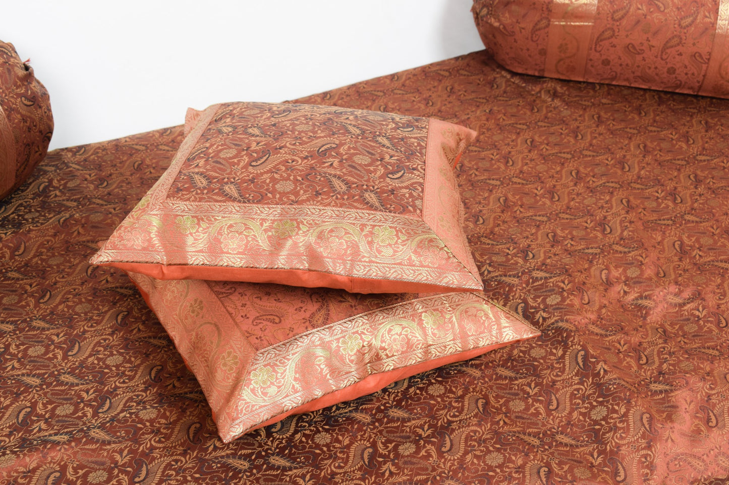 Brown Grace Diwan Set Banarasi Silk Zari Brocade Indian Cushions & Bolster Cover