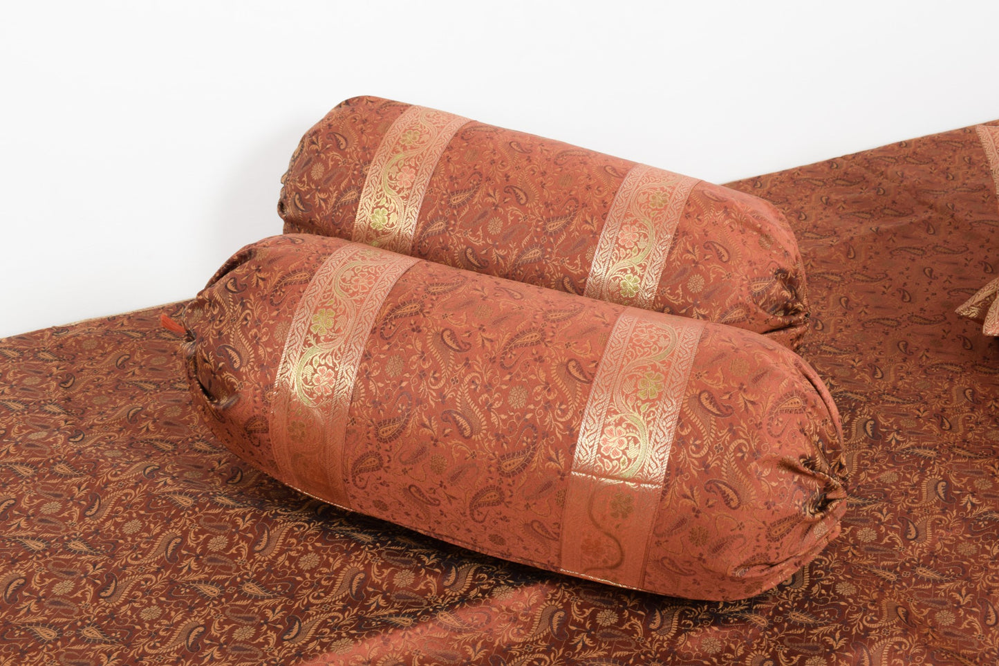 Brown Grace Diwan Set Banarasi Silk Zari Brocade Indian Cushions & Bolster Cover