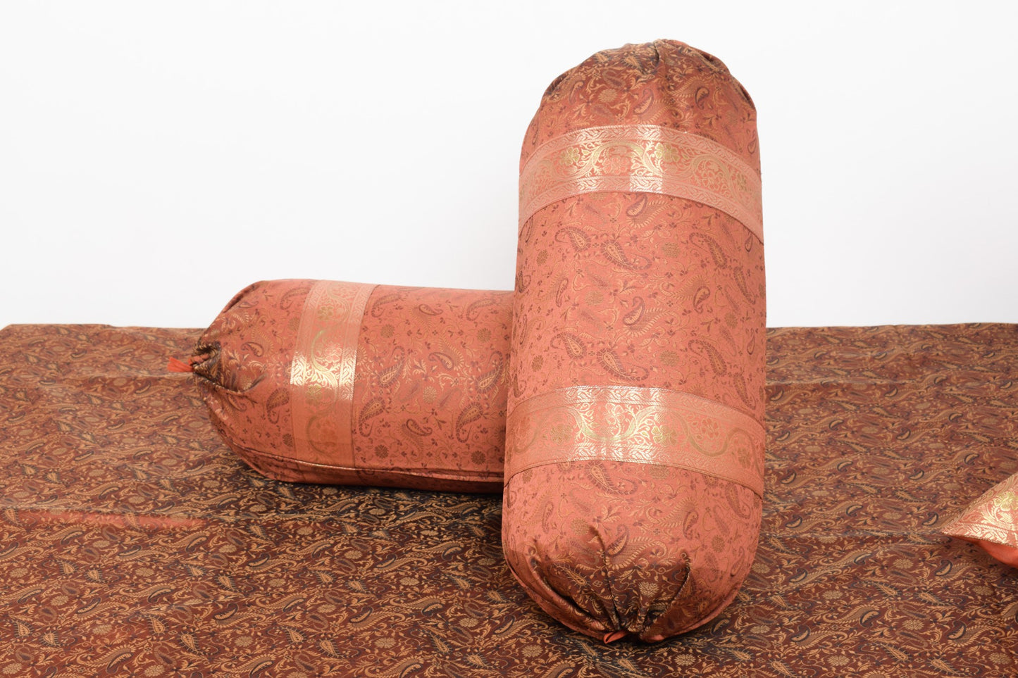 Brown Grace Diwan Set Banarasi Silk Zari Brocade Indian Cushions & Bolster Cover