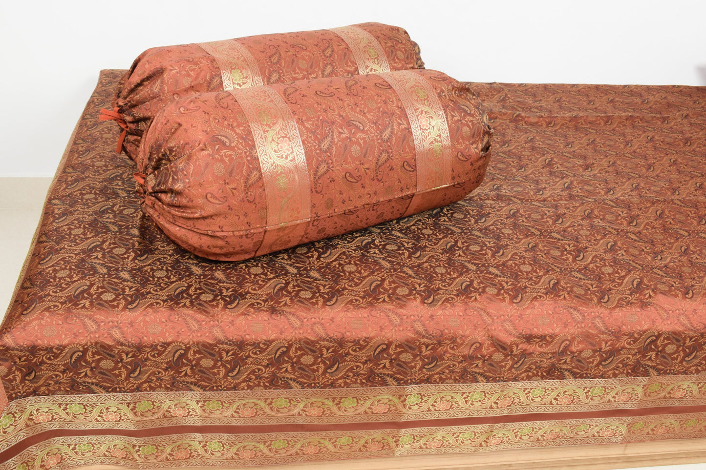 Brown Grace Diwan Set Banarasi Silk Zari Brocade Indian Cushions & Bolster Cover
