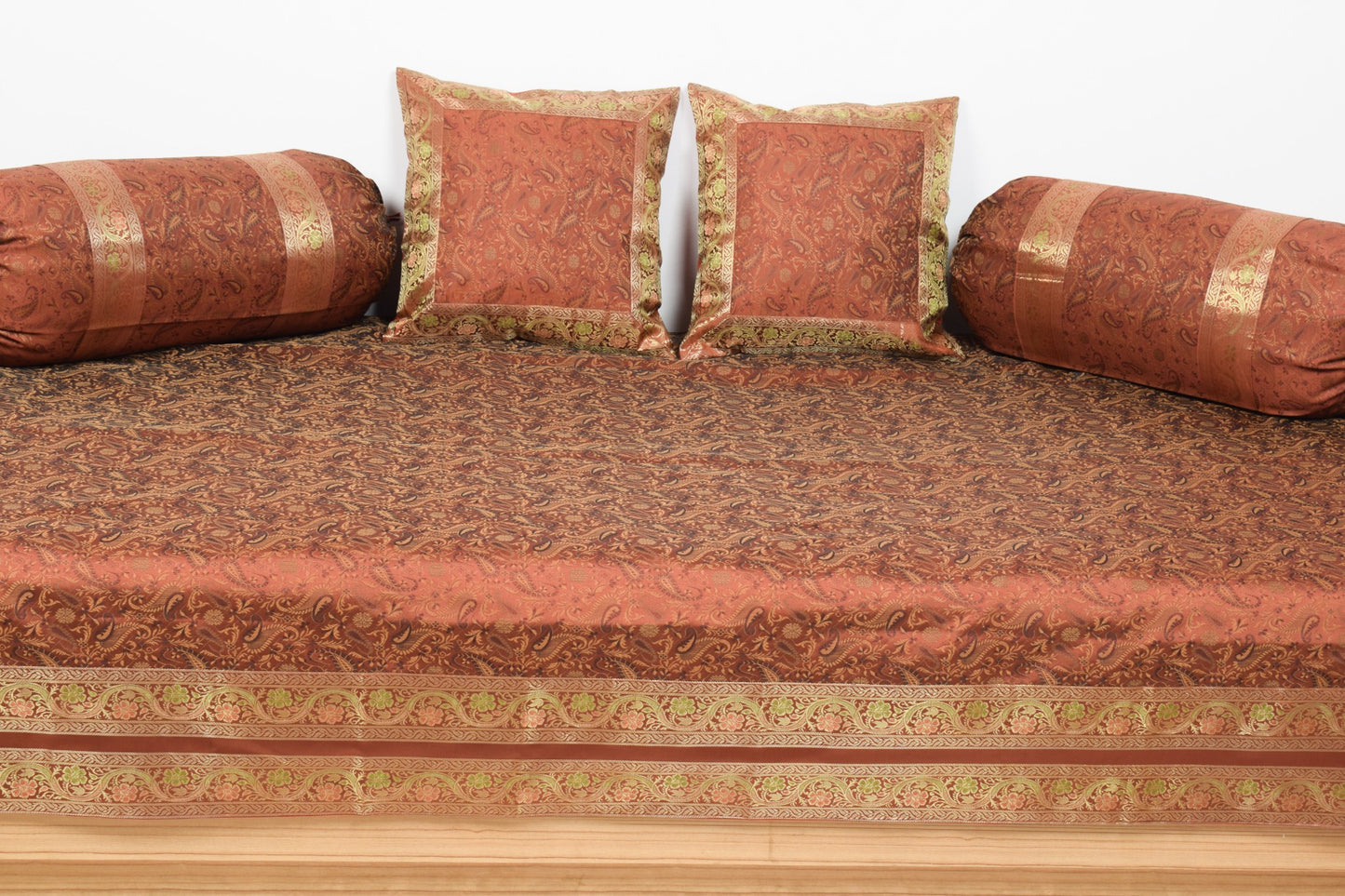 Brown Grace Diwan Set Banarasi Silk Zari Brocade Indian Cushions & Bolster Cover