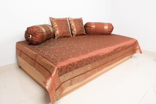 Brown Grace Diwan Set Banarasi Silk Zari Brocade Indian Cushions & Bolster Cover