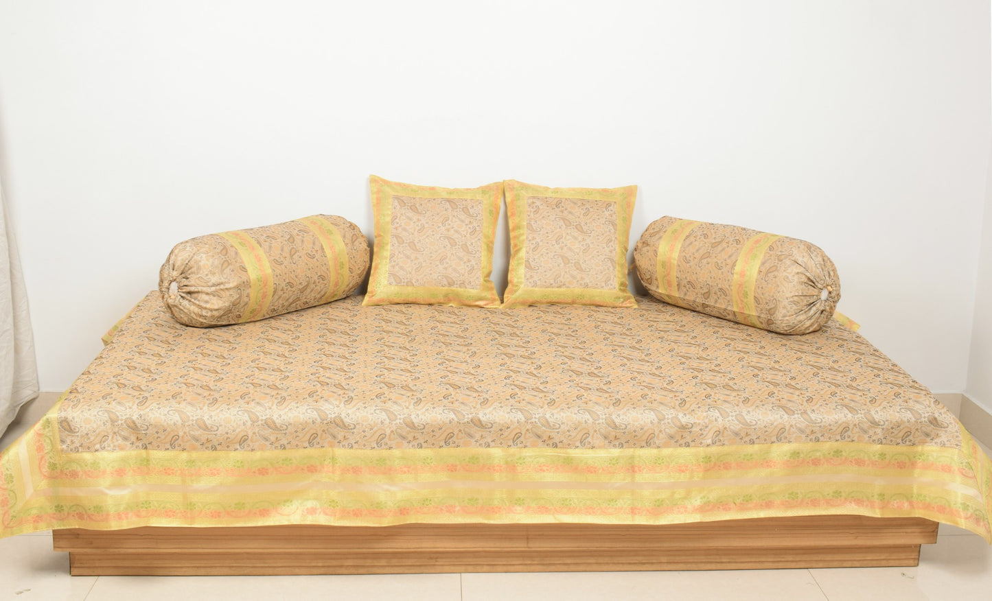 Beige Banarasi Diwan Set Silk Zari Brocade Indian Gift Cushion & Bolster Cover