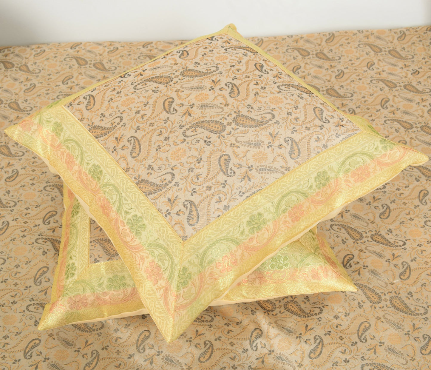 Beige Banarasi Diwan Set Silk Zari Brocade Indian Gift Cushion & Bolster Cover