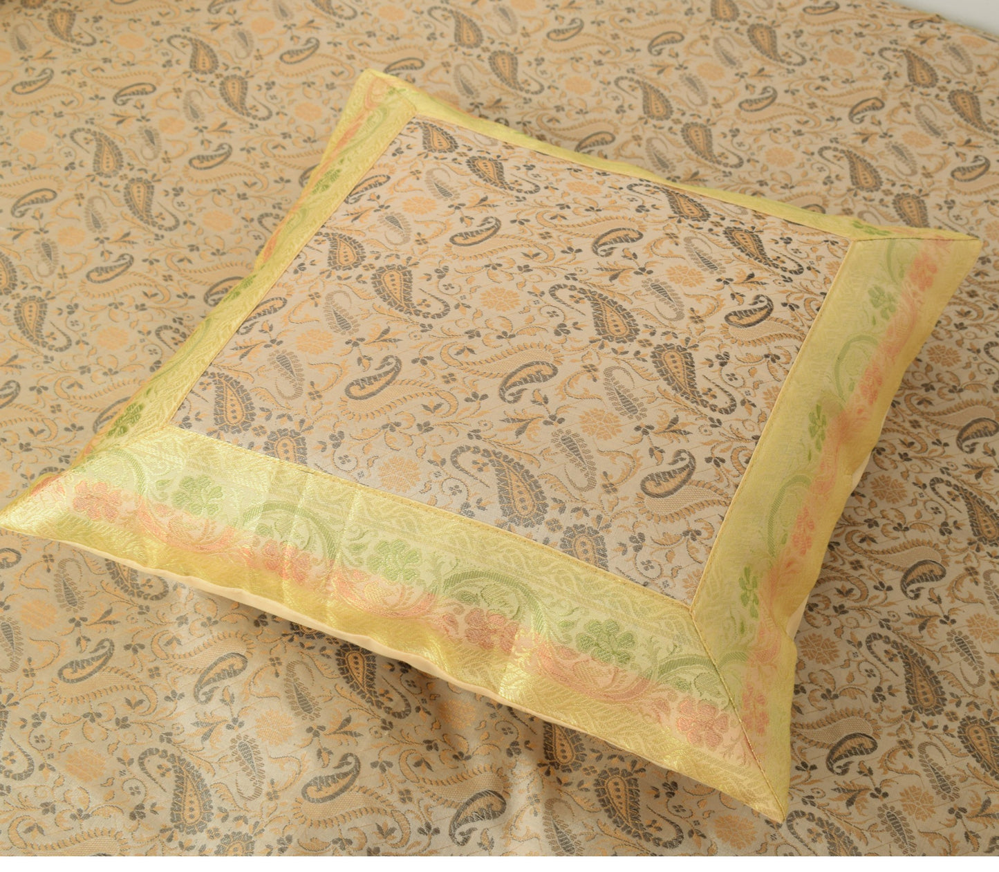 Beige Banarasi Diwan Set Silk Zari Brocade Indian Gift Cushion & Bolster Cover