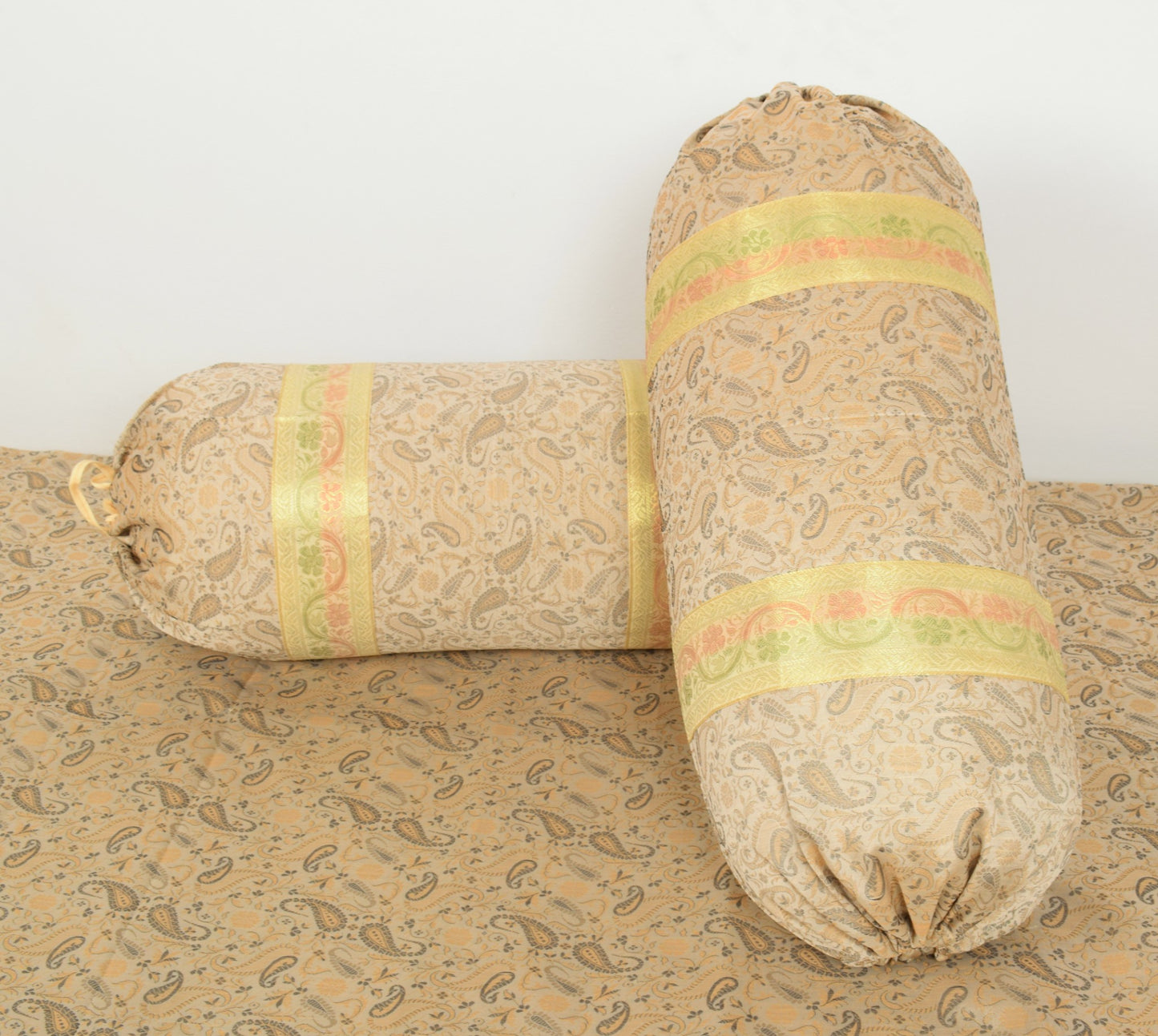 Beige Banarasi Diwan Set Silk Zari Brocade Indian Gift Cushion & Bolster Cover