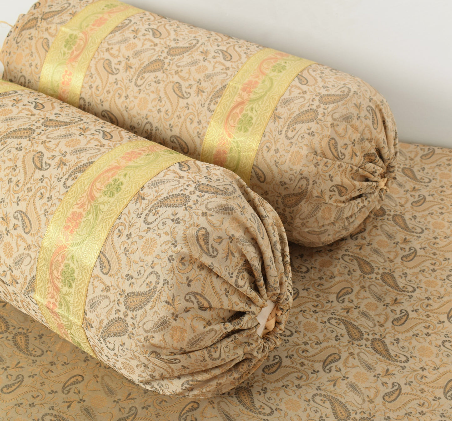 Beige Banarasi Diwan Set Silk Zari Brocade Indian Gift Cushion & Bolster Cover