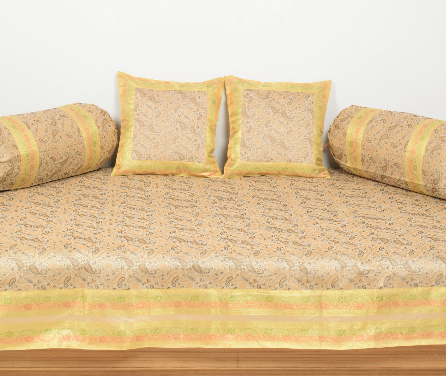 Beige Banarasi Diwan Set Silk Zari Brocade Indian Gift Cushion & Bolster Cover
