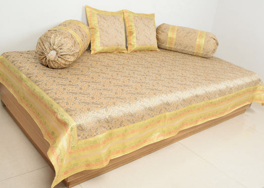 Beige Banarasi Diwan Set Silk Zari Brocade Indian Gift Cushion & Bolster Cover