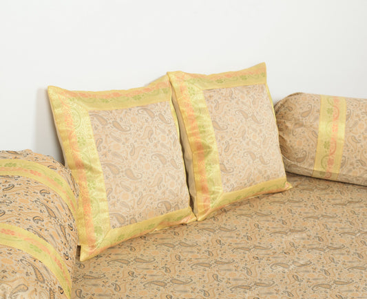 Beige Banarasi Diwan Set Silk Zari Brocade Indian Gift Cushion & Bolster Cover