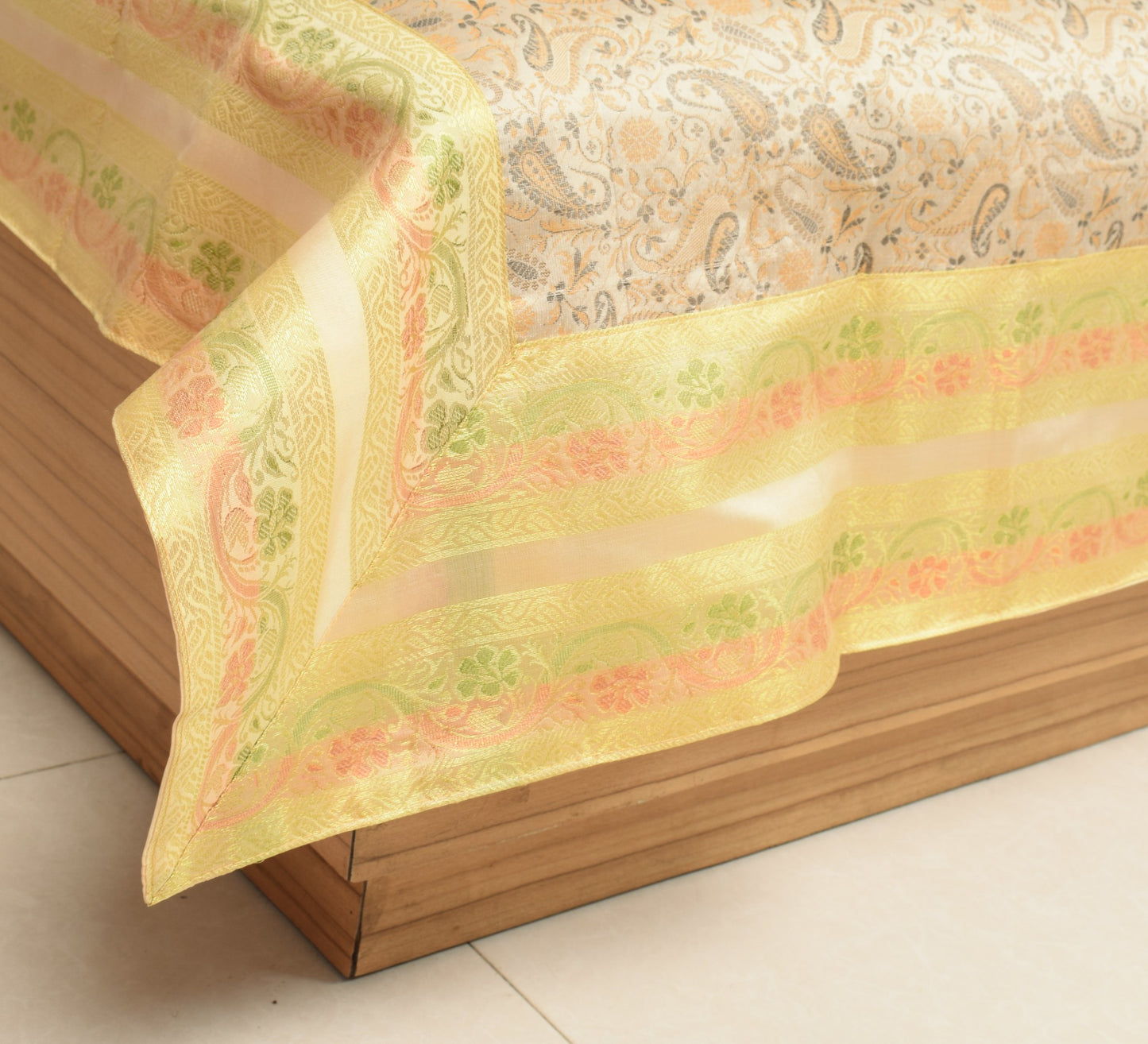 Beige Banarasi Diwan Set Silk Zari Brocade Indian Gift Cushion & Bolster Cover