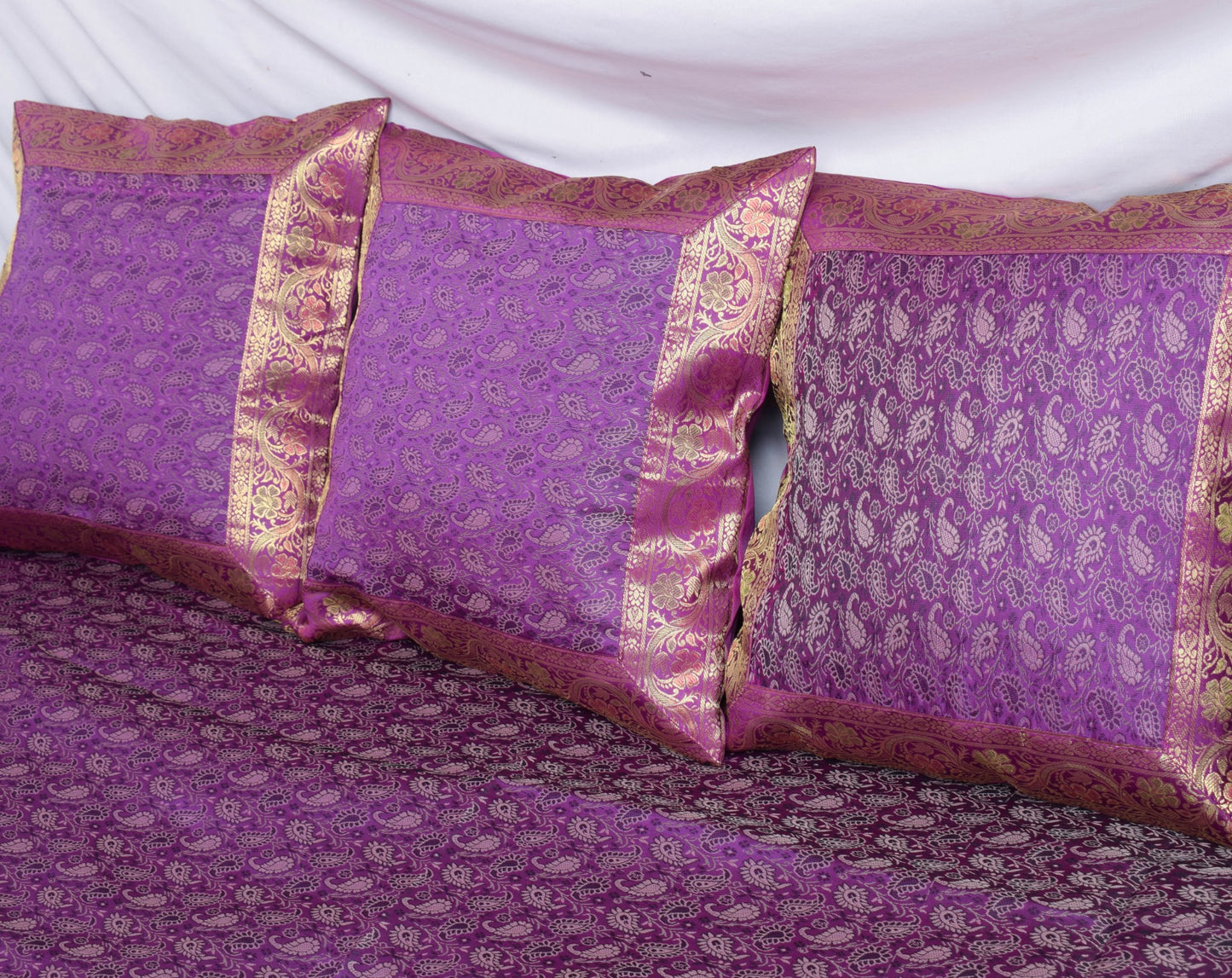 Banarasi Purple Diwan Set Cushion & Bolster Cover Silk & Woven Zari Brocade