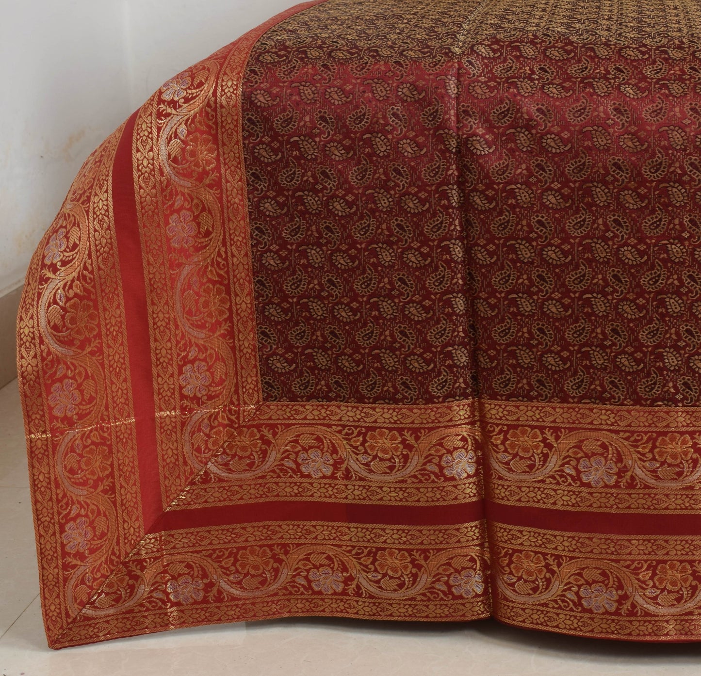 Maroon Banarasi Diwan Set Cushion & Bolster Cover Silk & Woven Zari Brocade