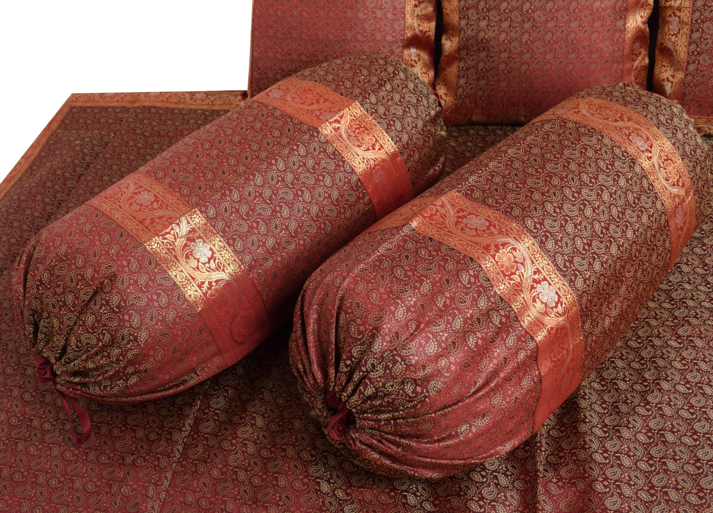 Maroon Banarasi Diwan Set Cushion & Bolster Cover Silk & Woven Zari Brocade