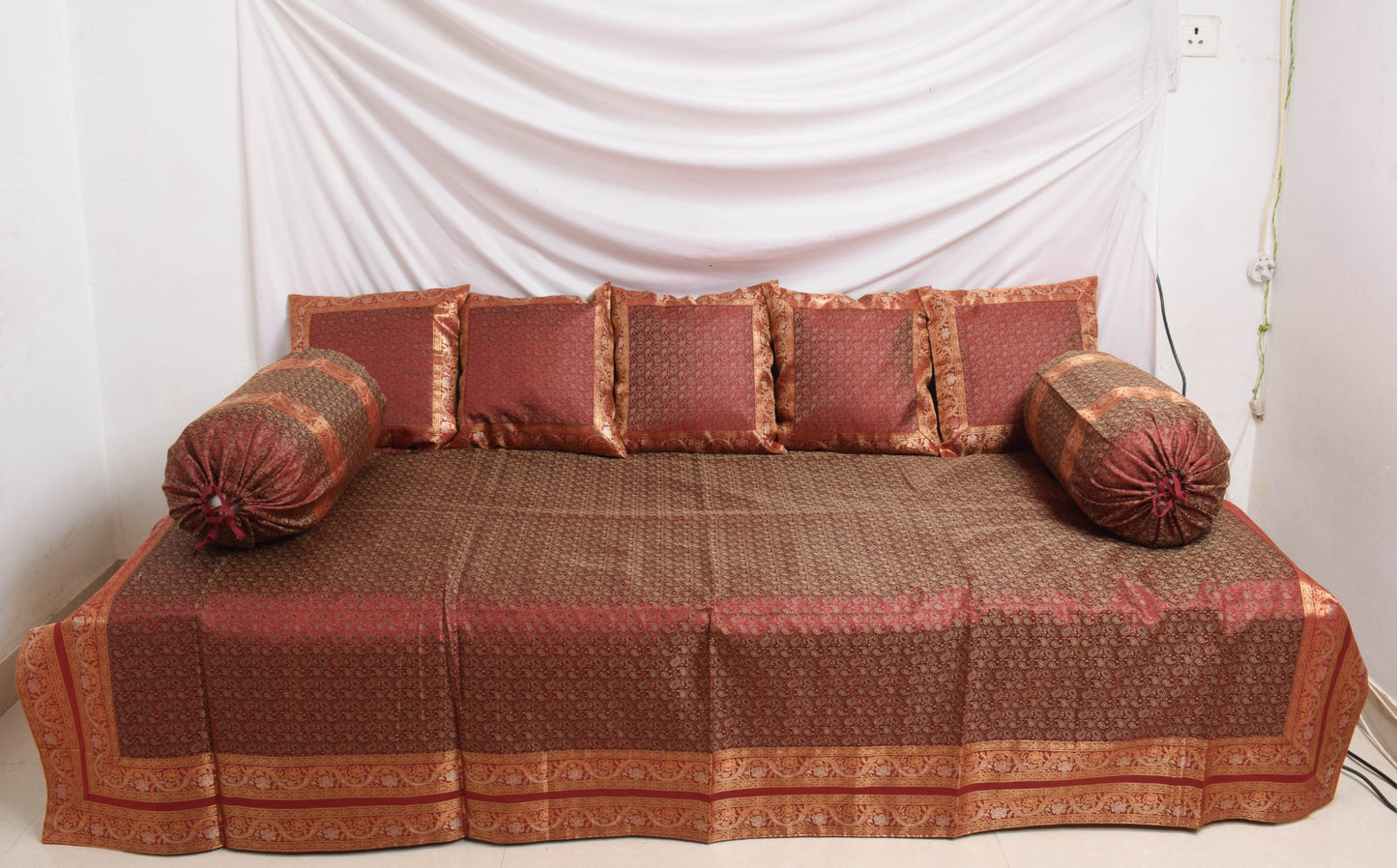 Maroon Banarasi Diwan Set Cushion & Bolster Cover Silk & Woven Zari Brocade