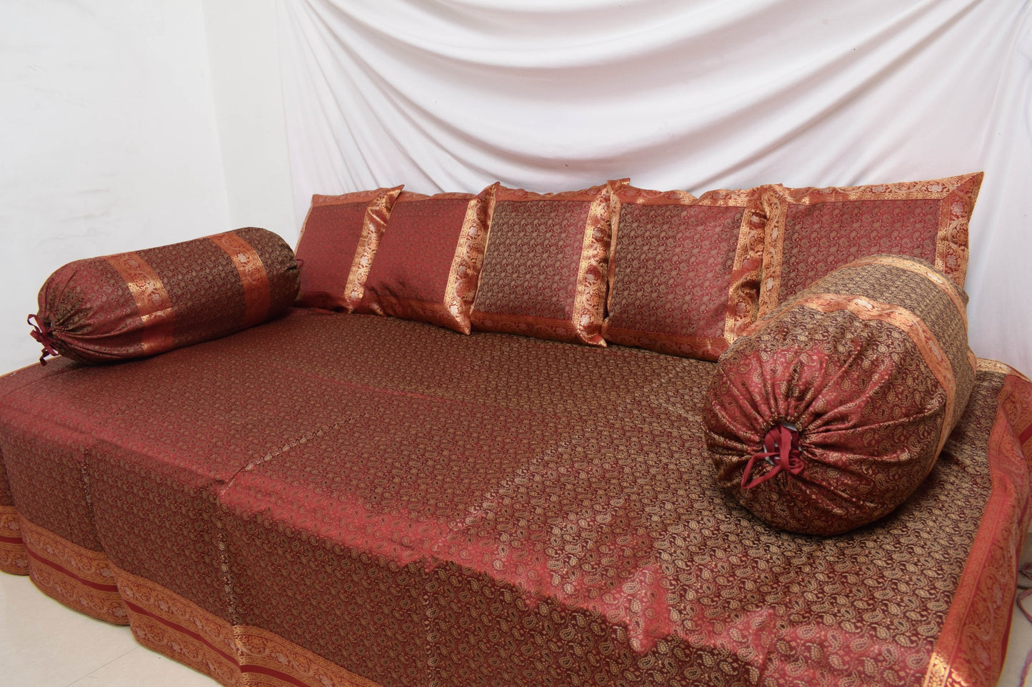 Maroon Banarasi Diwan Set Cushion & Bolster Cover Silk & Woven Zari Brocade