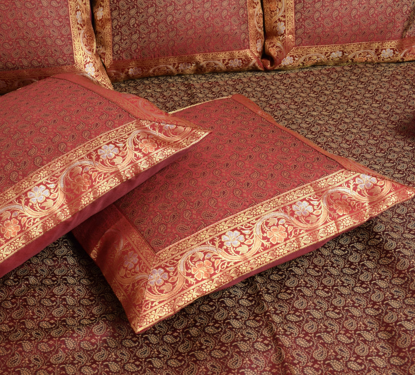 Maroon Banarasi Diwan Set Cushion & Bolster Cover Silk & Woven Zari Brocade