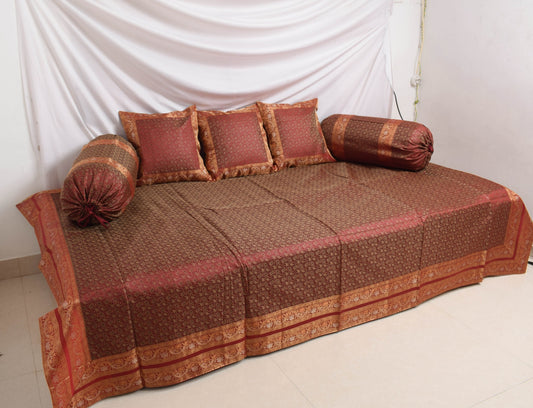 Maroon Banarasi Diwan Set Cushion & Bolster Cover Silk & Woven Zari Brocade