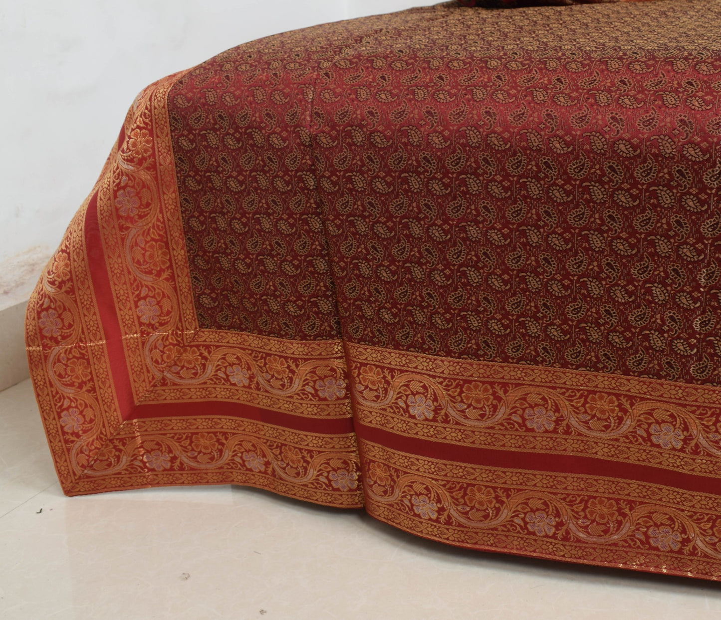 Maroon Banarasi Diwan Set Cushion & Bolster Cover Silk & Woven Zari Brocade