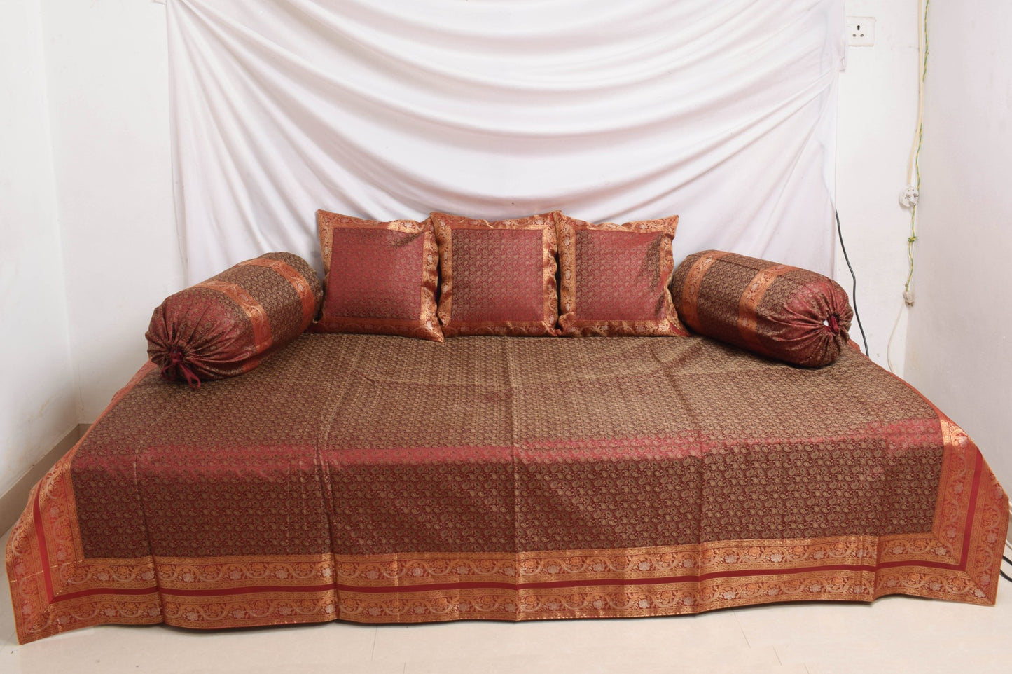 Maroon Banarasi Diwan Set Cushion & Bolster Cover Silk & Woven Zari Brocade