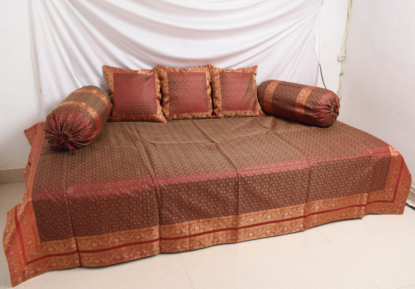 Maroon Banarasi Diwan Set Cushion & Bolster Cover Silk & Woven Zari Brocade
