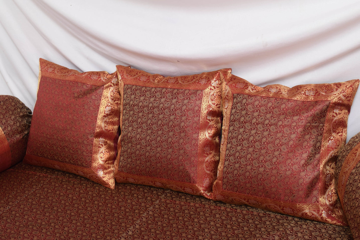 Maroon Banarasi Diwan Set Cushion & Bolster Cover Silk & Woven Zari Brocade
