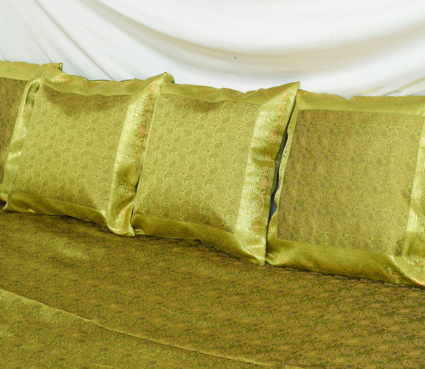Banarasi Diwan Set Cushion & Bolster Cover Green Silk & Woven Zari Brocade