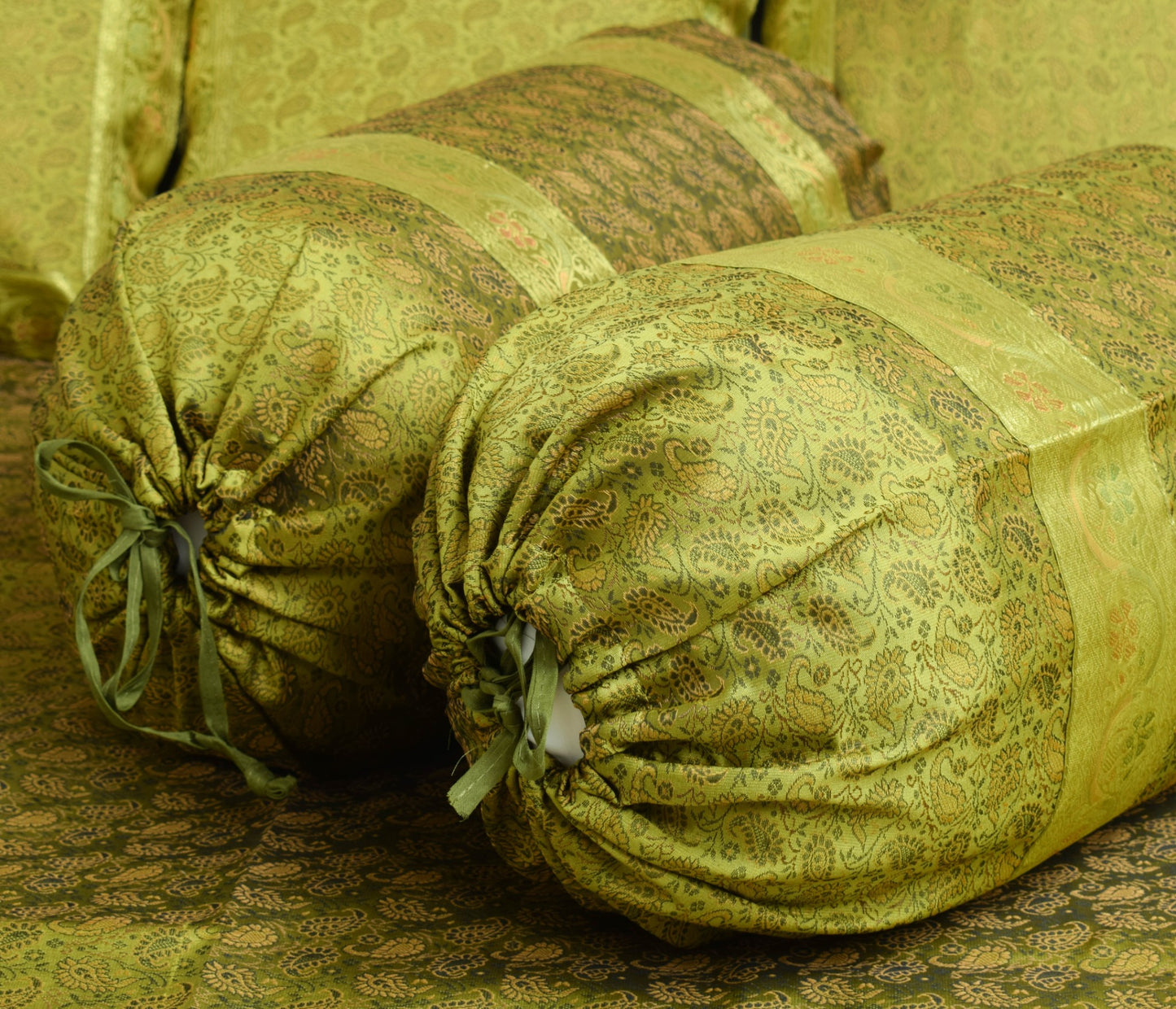 Banarasi Diwan Set Cushion & Bolster Cover Green Silk & Woven Zari Brocade