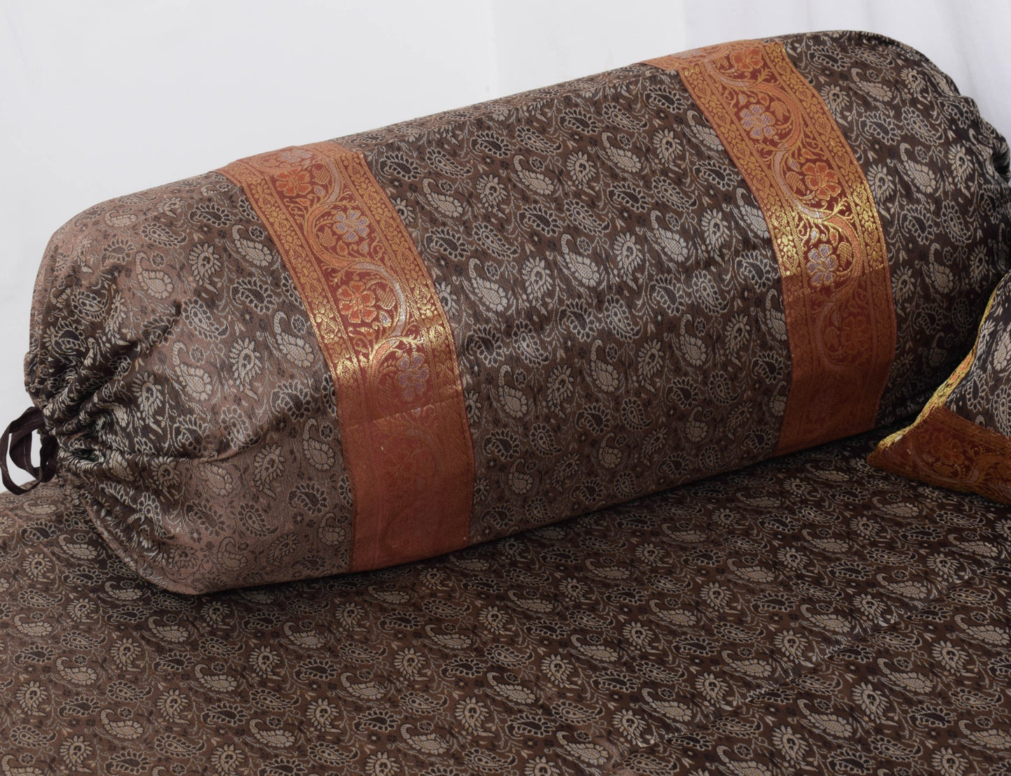 Banarasi Diwan Set Cushion & Bolster Cover Silk & Woven Zari Brocade Brown