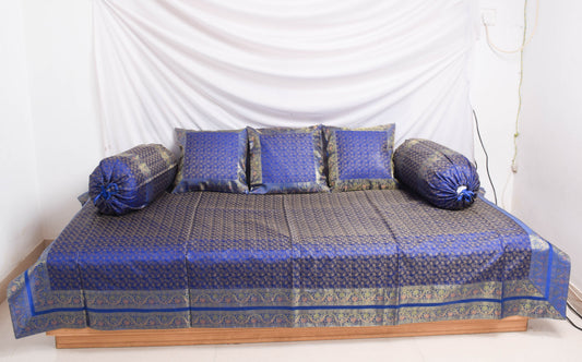 Banarasi Blue Diwan Set Cushion & Bolster Cover Silk & Woven Zari Brocade